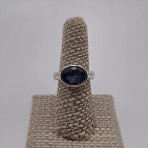 Size 7.5 Sterling Silver Oval Faceted Blue Glass Gem Ring A2903